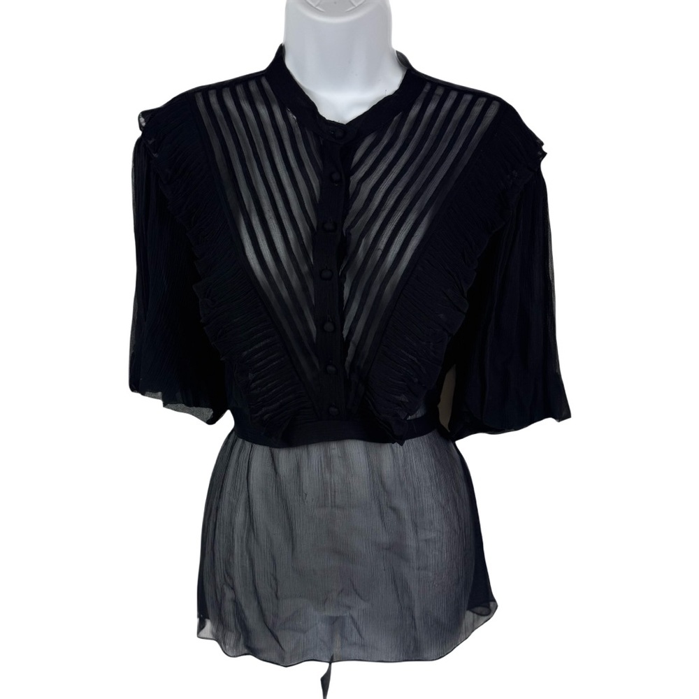 BCBG Max Azria Black Sheer Chiffon Short Puff Sleeve Top w Tie at Waist sz Large